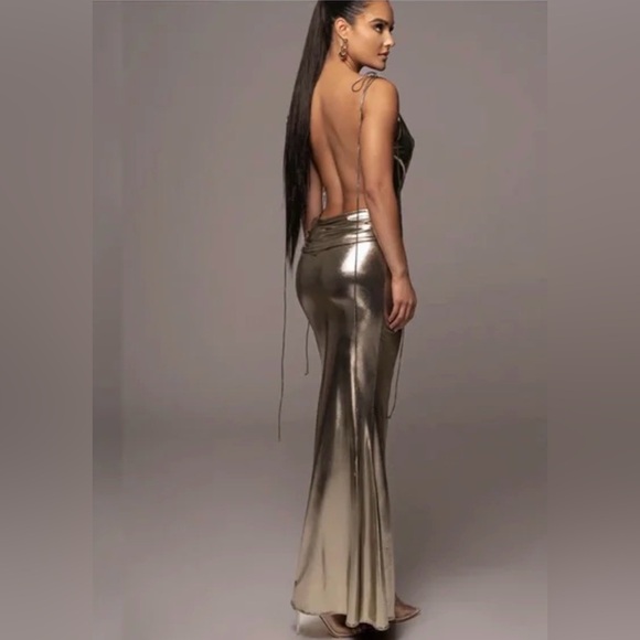 JLUXLABEL Heart Of Gold Metallic Gold Cowl-Neck Maxi Dress NWT - Picture 2 of 11